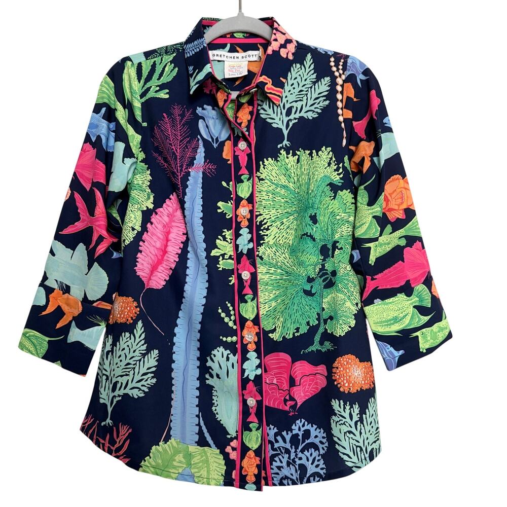 Gretchen Scott Sea Sway Brights Coral Fish Button Down Shirt S Coastal Resort